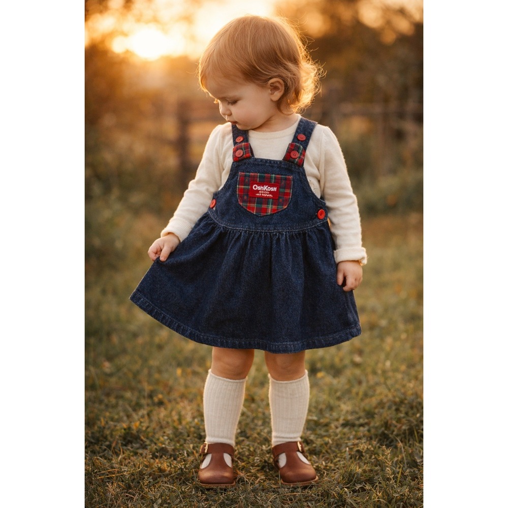 OshKosh Bgosh Vintage Girls 24M Denim Pinafore Dress Plaid Trim Made in USA Blue
